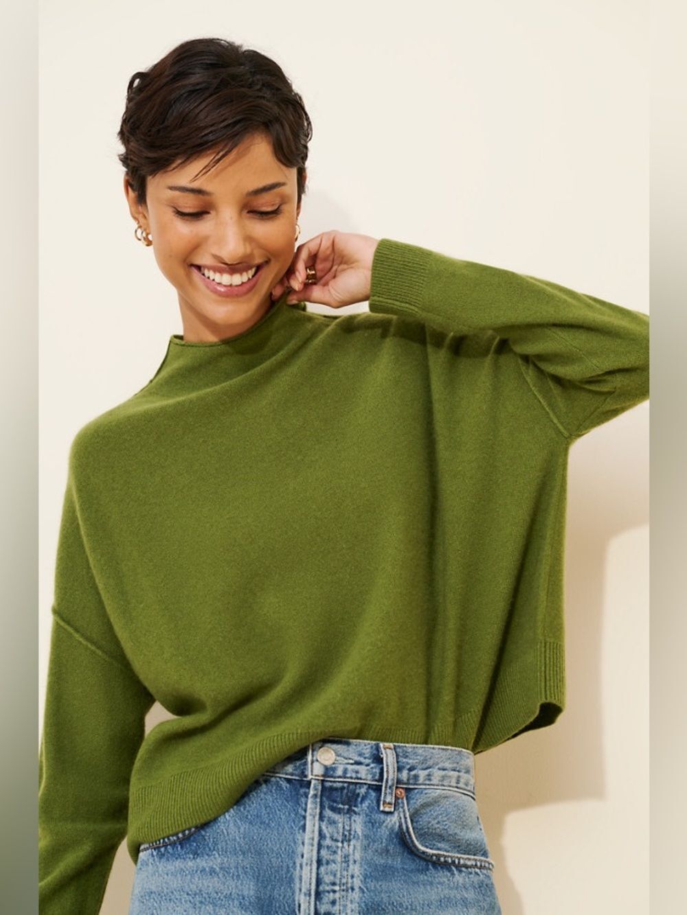 Small Anthropologie pilcro Alani mock neck 100% cashmere sweater green boxy